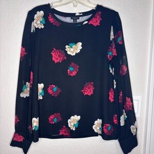Ann Taylor Factory Black and Pink Floral Cuffed Sleeve Blouse